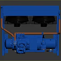 Blue Industrial Cooling Equipment With Four Black Fans And Blue Compressor