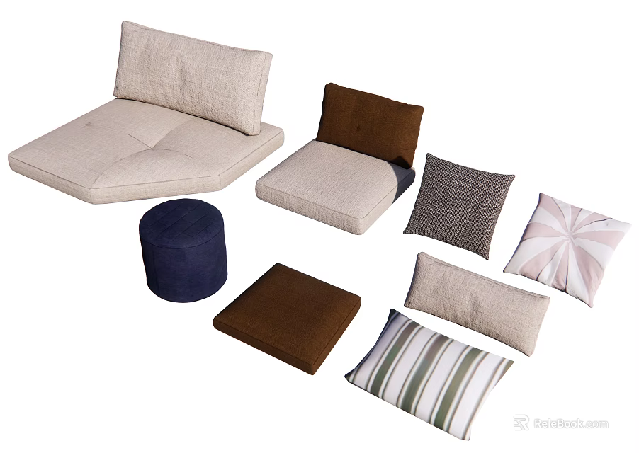 Modular Sofa Set With Neutral Cushions Dark Blue Ottoman And Patterned Pillows 3d model 
