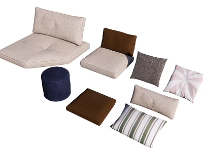 Modular Sofa Set With Neutral Cushions Dark Blue Ottoman And Patterned Pillows 3d model