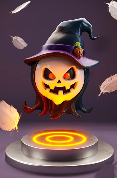 Halloween Themed Decorative Ornament Set With JackOLantern Witch Hat And Feathers 3d model