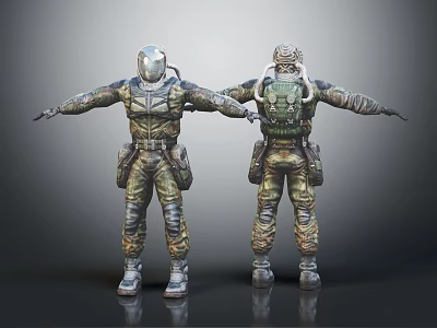 Two Standing Characters In Camouflage Suits With Backpacks And Creature Design Elements 3d model