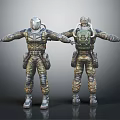 Two Standing Characters In Camouflage Suits With Backpacks And Creature Design Elements 3d model