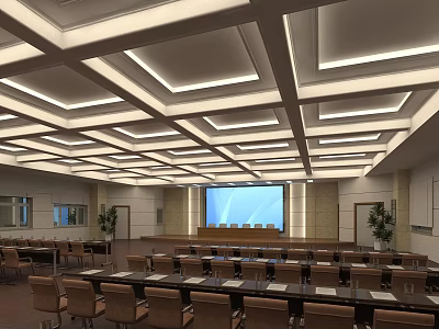 Modern Conference Room With Square Light Strip Ceiling Large Screen Arranged Tables Chairs And Plants 3d model