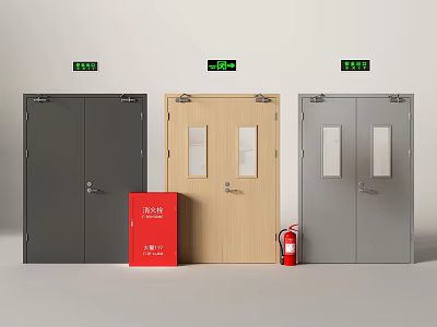 Fire Safety Double Doors With Gray Wooden And Gray Finish Red Fire Extinguisher Green Signs 3d model