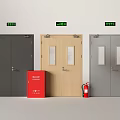 Fire Safety Double Doors With Gray Wooden And Gray Finish Red Fire Extinguisher Green Signs