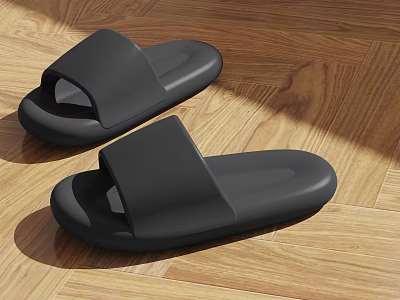 Black Slip On Slides With Minimalist Design On Wooden Floor 3d model