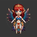 Fantasy Chibi Style 3D Character With Red Hair Golden Crown Blue Eyes And Colorful Wings