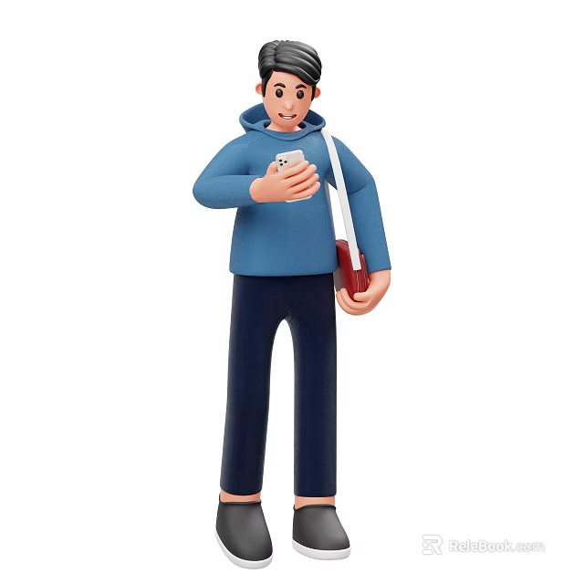 A Man In Blue Hoodie And Dark Blue Pants Holding Smartphone And Carrying Red Bag 3d model 