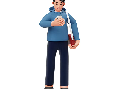 A Man In Blue Hoodie And Dark Blue Pants Holding Smartphone And Carrying Red Bag 3d model