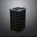 Rustic Blue And Brown Chest Of Drawers With Books On Top And Metal Handles