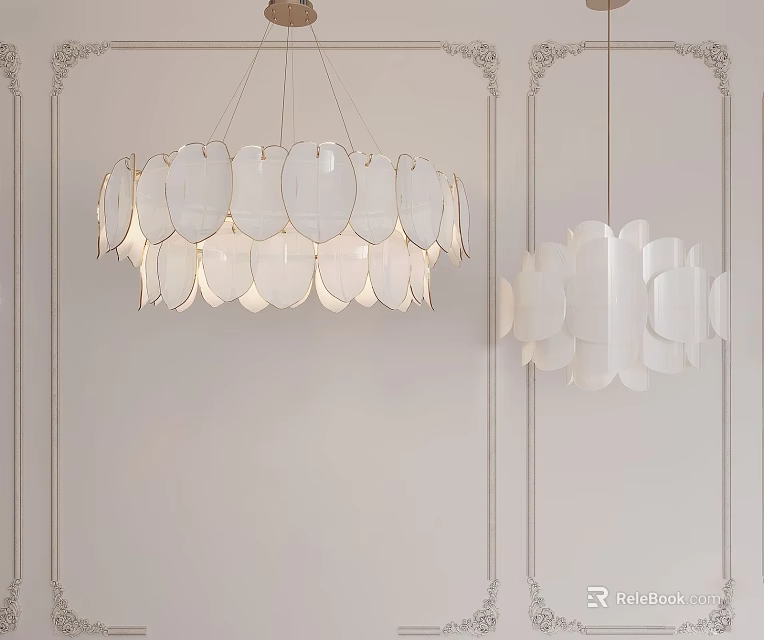 Two White Petal Shaped Chandeliers Hanging On Decorative Wall Background 3d model