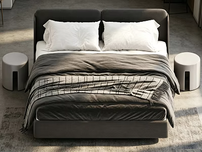 Modern Minimalist Double Bed With Dark Headboard White Pillows Plaid Blanket And Round Nightstands 3d model