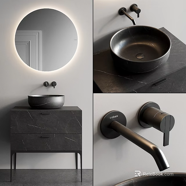 Modern Black Washbasin Design With Round Illuminated Mirror Marble Countertop And Matte Black Faucet 3d model 