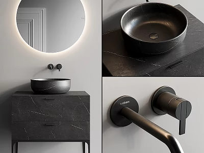 Modern Black Washbasin Design With Round Illuminated Mirror Marble Countertop And Matte Black Faucet 3d model