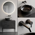 Modern Black Washbasin Design With Round Illuminated Mirror Marble Countertop And Matte Black Faucet