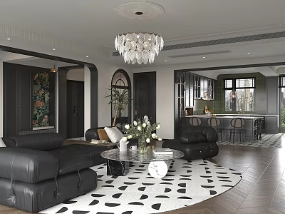 Elegant Modern Living Dining Room Interior With Black Leather Sofas Crystal Chandelier And Geometric Rug 3d model