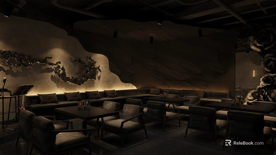 Modern Dark Bar Interior With Sofa Seating Decorative Wall Art And Dim Lighting 3d model 