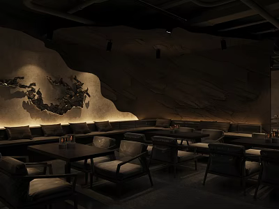 Modern Dark Bar Interior With Sofa Seating Decorative Wall Art And Dim Lighting 3d model