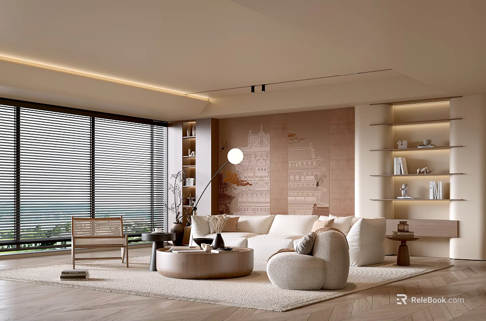 Modern Living Room Interior With Large Windows Blinds White Sofa And Round Coffee Table 3d model 