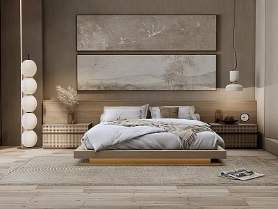 Modern Bedroom Interior With Comfortable Bed Large Decorative Paintings Spherical Lamp Wooden Floor And Rug 3d model
