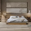 Modern Bedroom Interior With Comfortable Bed Large Decorative Paintings Spherical Lamp Wooden Floor And Rug