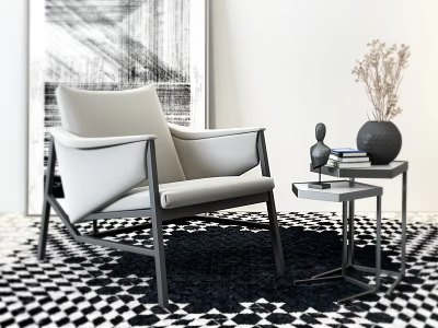 Modern Leisure Chair with Metal Frame Side Table and Flowers on Black White Checkered Rug 3d model