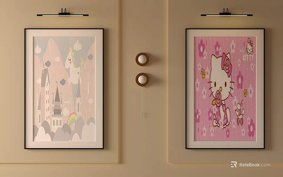 Decorative Wall Paintings With Castle Rainbow And Hello Kitty Design Plus Circular Decor 3d model