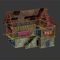 Traditional Wooden House With Sloped Roof Stone Walls Wooden Windows And Exterior Staircase