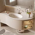 Modern Curved Vanity With White Sink LED Mirror And Decorative Storage