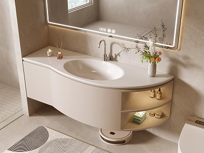 Modern Curved Vanity With White Sink LED Mirror And Decorative Storage 3d model