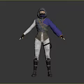 Hooded Woman In Blue Purple Sleeved Outfit With White Pants And Boots