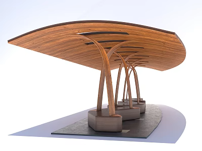 Modern Public Facility with Wooden Canopy and Pillar Supports for Rest Area 3d model