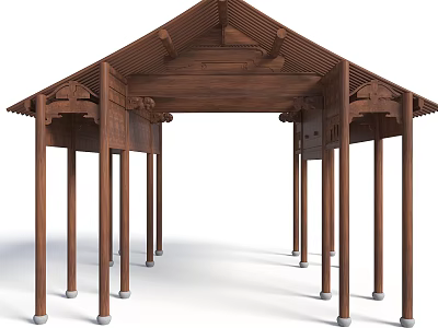 Detailed Traditional Wooden Architectural Components Featuring Carved Roof And Support Columns 3d model