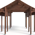 Detailed Traditional Wooden Architectural Components Featuring Carved Roof And Support Columns