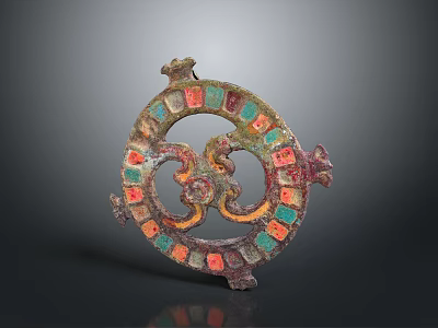 Ancient Metal Clothing Accessory Featuring Colorful Inlays and Dragon Pattern Design 3d model