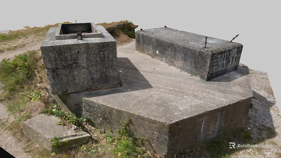 Weathered Concrete Structures With Square Openings Rusty Metal And Grassy Mossy Surroundings 3d model 