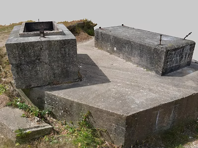 Weathered Concrete Structures With Square Openings Rusty Metal And Grassy Mossy Surroundings 3d model