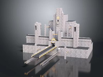 Ancient Architecture Stone Built Grand Structure Featuring Symmetric Towers and Majestic Entrance Design 3d model