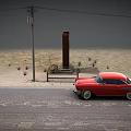 Modern Scene Featuring Red Vintage Car Near Easy Street Inn Sign On Sandy Road