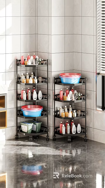 Black Multi Tier Kitchen Corner Shelf Holding Red Blue Basins And Various Bottles 3d model