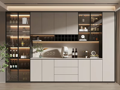 Modern Wine Cabinet Design With Glass Doors Wine Bottles Coffee Machine And Decorative Items 3d model