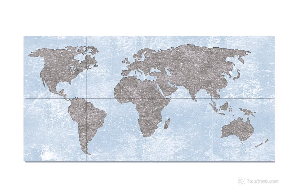 Wall Decor Featuring World Map with Paneled Design Light Blue Background and Gray Tone 3d model 