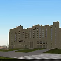 Elegant Office Building Exterior With Classical Design Landscaped Gardens Palm Trees And Fountains