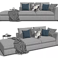 Gray Three Seater Sofa With Blue Checkered Decorative Pillows Plaid Blanket And Side Table 3d model