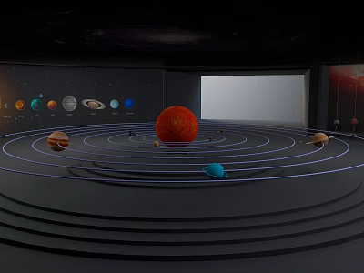 Solar System Model Display Equipment With Sun Planets Blue Orbit Lines Starry Background And Screen 3d model