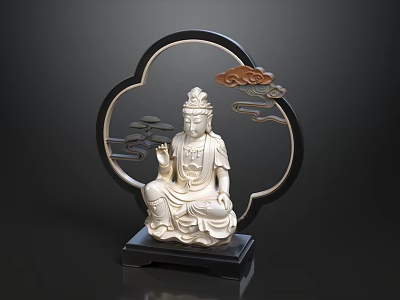 Chinese Style Decorative Ornament Set With Bodhisattva Statue Cloud And Wave Patterns Black Base 3d model