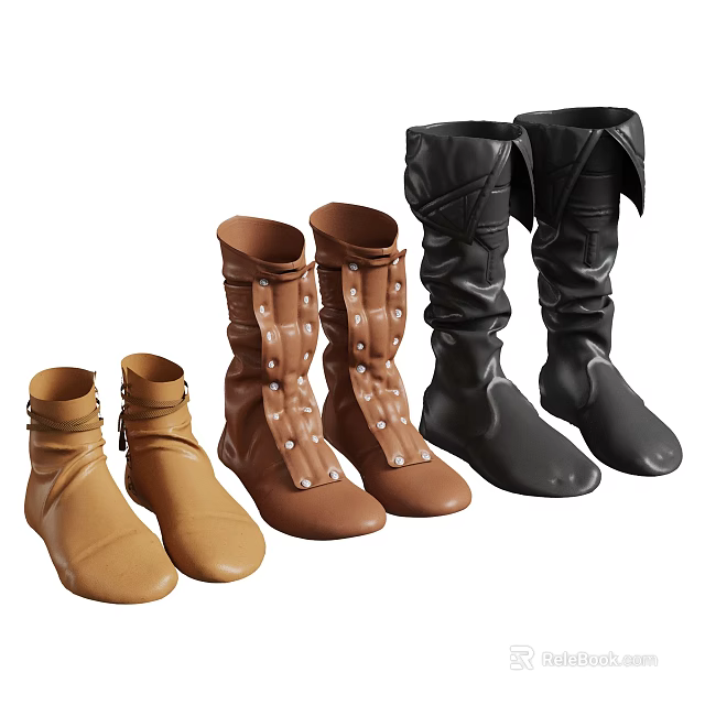 Stylish Leather Boots in Brown and Black with Straps Buckles and Folded Cuffs 3d model 
