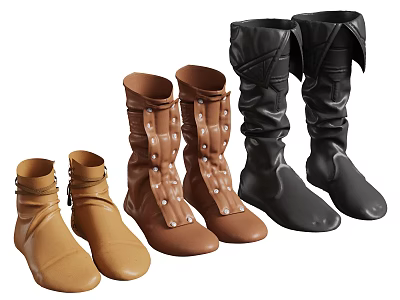 Stylish Leather Boots in Brown and Black with Straps Buckles and Folded Cuffs 3d model