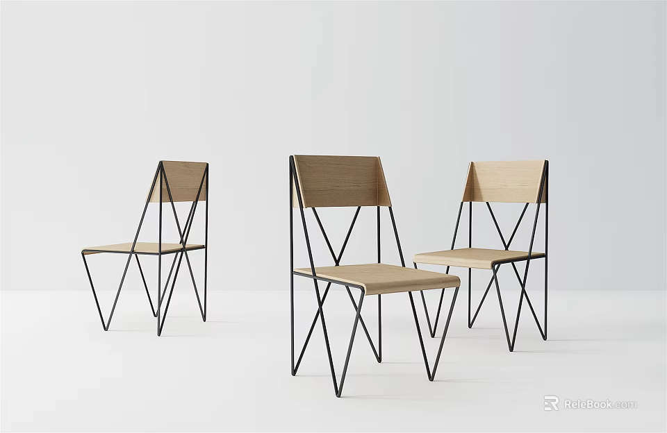 Modern Minimalist Accent Chairs With Wooden Seat And Black Metal Frame Set of Three 3d model 