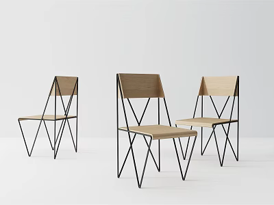 Modern Minimalist Accent Chairs With Wooden Seat And Black Metal Frame Set of Three 3d model